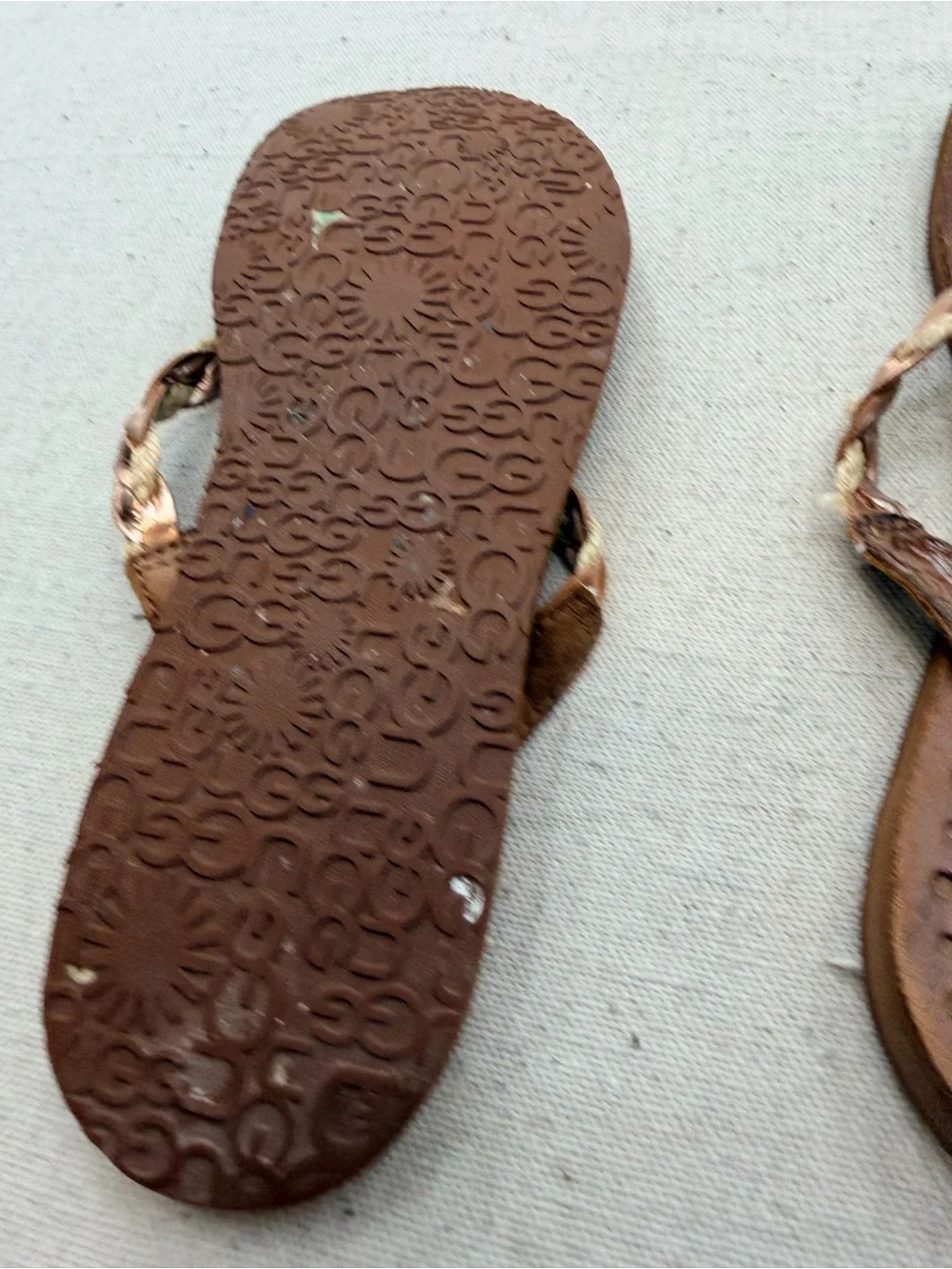 UGG Brown Braided Leather Thong Sandals with Tan Accents